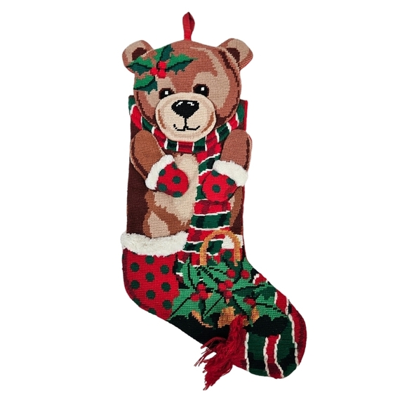 Vintage Needlepoint Teddy Bear 3D Christmas Stocking 20 Inch Holiday Decor‎ - Picture 6 of 6